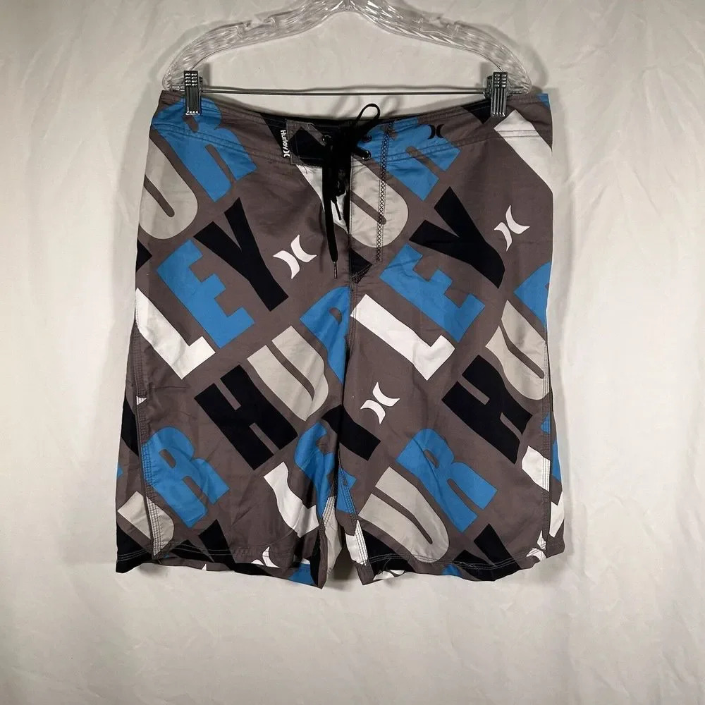 Hurley Board Shorts Men's 36 L Grey Blue Print Drawstring Side Pocket